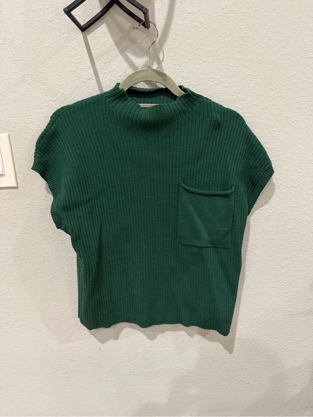 Amazon Forest Green Ribbed Short Sleeve Knit Top with Chest Pocket